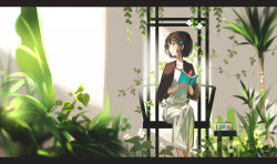 Rule 34 | 1girl, alt (apou), book, bookmark, brown hair, capelet, chair, letterboxed, looking to the side, plant, short hair, sitting, smile, solo