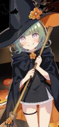 Rule 34 | 1girl, absurdres, animal, bat (animal), black dress, black hat, black robe, broom, commentary request, dress, frilled dress, frills, green hair, grin, hands up, hat, highres, holding, holding broom, hood, hood down, hooded robe, jack-o&#039;-lantern, long sleeves, looking at viewer, original, purple eyes, robe, smile, sofra, solo, v-shaped eyebrows, wide sleeves, witch hat