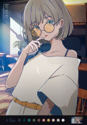 Rule 34 | 1girl, absurdres, belt, bespectacled, blue eyes, collarbone, color guide, commentary request, dated, fly iadiial, glasses, grey hair, highres, indoors, looking at viewer, love live!, love live! superstar!!, orange-tinted eyewear, shirt, short hair, short sleeves, solo, standing, tang keke, tinted eyewear, tongue, tongue out, upper body, white shirt, wide sleeves, yellow belt