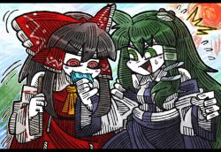 Rule 34 | ^^^, 2girls, blue skirt, blush stickers, bow, brown hair, commentary request, cowboy shot, day, detached sleeves, eating, flying sweatdrops, food, food theft, frog hair ornament, green eyes, green hair, hair bow, hair ornament, hakurei reimu, holding, kochiya sanae, long hair, long sleeves, multiple girls, open mouth, outdoors, popsicle, popsicle stick, red bow, red eyes, red shirt, red skirt, shirt, skirt, suenari (peace), sweatdrop, touhou, translation request, upper body, white shirt, wide sleeves, yellow neckwear