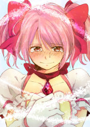 Rule 34 | 10s, 1girl, amulet, bad id, bad pixiv id, blush, bow, choker, face, gloves, hair bow, hino (gonta523), kaname madoka, magical girl, mahou shoujo madoka magica, mahou shoujo madoka magica (anime), own hands clasped, own hands together, pink eyes, pink hair, puffy sleeves, sad smile, short twintails, smile, solo, tears, twintails