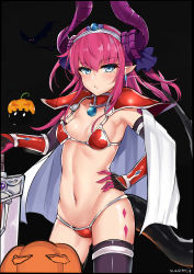 Rule 34 | 10s, 1girl, absurdres, armor, artist name, asymmetrical legwear, bad id, bad pixiv id, bikini armor, black background, blue eyes, blush, breasts, curled horns, earrings, elizabeth bathory (brave) (fate), elizabeth bathory (fate), eyebrows, fate/extra, fate/extra ccc, fate/grand order, fate (series), hand on own hip, hans christian andersen (fate), highres, horns, jack-o&#039;-lantern, jewelry, long hair, looking at viewer, loose bikini, navel, oversized clothes, pink hair, pointy ears, pout, pumpkin, red armor, single thighhigh, slm, small breasts, solo, sword, thighhighs, uneven legwear, weapon