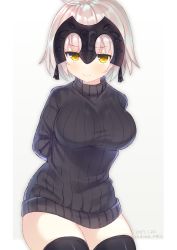 Rule 34 | 1girl, 2017, alternate costume, arms behind back, artist name, black sweater, blonde hair, breasts, dated, dress, fate/grand order, fate (series), headgear, highres, impossible clothes, jeanne d&#039;arc (fate), jeanne d&#039;arc (ruler) (fate), jeanne d&#039;arc alter (avenger) (fate), jeanne d&#039;arc alter (fate), large breasts, looking at viewer, narusegawa riko, ribbed sweater, signature, solo, sweater, sweater dress, thighhighs, thighs, turtleneck, turtleneck sweater, yellow eyes
