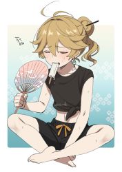 Rule 34 | 1boy, aether (genshin impact), ar (rikuesuto), bare legs, bare shoulders, barefoot, black pants, black shorts, blonde hair, crop top, earrings, closed eyes, food, forehead, genshin impact, hand fan, ice cream, jewelry, male focus, mouth hold, navel, open mouth, pants, shorts, stomach, twitter username