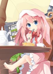 Rule 34 | 1girl, animal ears, animal hood, barefoot, blue eyes, blush, bow, bowtie, building, chair, closed mouth, commentary request, cup, day, dress, eating, flower, food, food on face, foot dangle, fork, frilled dress, frills, fruit, hair between eyes, head tilt, holding, holding fork, hood, house, kushida you, long hair, looking at viewer, on chair, original, outdoors, pancake, pancake stack, parasol, pink dress, pink hair, rabbit ears, rabbit hood, red bow, red bowtie, red flower, sitting, solo, strawberry, table, teacup, teapot, umbrella, window, wooden chair, yellow flower