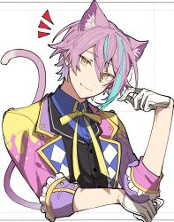Rule 34 | 1boy, absurdres, animal ears, black vest, blue hair, blue shirt, cat boy, cat ears, cat tail, closed mouth, coat, collared shirt, gloves, highres, hoshi-toge, kamishiro rui, kemonomimi mode, long sleeves, looking at viewer, multicolored hair, notice lines, project sekai, purple coat, purple hair, shirt, simple background, smile, solo, streaked hair, tail, upper body, vest, white background, white gloves, wing collar, yellow eyes