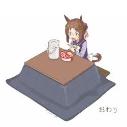 Rule 34 | 1girl, :d, animal ears, artist name, blush, brown hair, chopsticks, clover hair ornament, cup ramen, dated, donbee (food), fine motion (umamusume), green eyes, hair bun, hair ornament, holding, holding chopsticks, horse ears, horse girl, horse tail, instant soba, kawashina (momen silicon), kotatsu, multicolored hair, open mouth, own hands together, palms together, product placement, purple shirt, sailor collar, school uniform, shirt, single hair bun, sitting, smile, solo, table, tail, the end (phrase), tracen school uniform, two-tone hair, umamusume, under kotatsu, under table, water boiler, white background