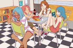 Rule 34 | 4girls, absurdres, barefoot, blue eyes, blue hair, brown eyes, brown hair, candy, casual, chair, drink, closed eyes, glasses, handheld game console, happy, highres, inazuma eleven, inazuma eleven (series), lips, multiple girls, nintendo ds, one eye closed, pink hair, raccco, raimon natsumi, sitting, sitting backwards, smile, snack, table, urabe rika, urubida, zaizen touko
