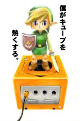 Rule 34 | 1boy, cable, game console, gamecube, green hat, hat, hatomugi, holding, holding sword, holding weapon, hylian shield, link, male focus, nintendo, pointy ears, princess zelda, shield, solo, sword, the legend of zelda, the legend of zelda: the wind waker, toon link, translated, weapon
