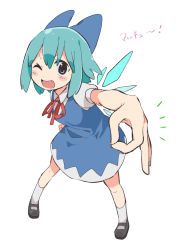 Rule 34 | 1girl, ;d, black footwear, blue bow, blue dress, blue eyes, blue hair, blush, blush stickers, bow, cirno, citrus (place), commentary request, dress, fang, full body, hair bow, ice, ice wings, looking at viewer, neck ribbon, ok sign, one eye closed, open mouth, pinafore dress, puffy short sleeves, puffy sleeves, red ribbon, ribbon, short hair, short sleeves, simple background, sleeveless dress, smile, socks, solo, standing, touhou, white background, wings