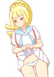 Rule 34 | 1girl, absurdres, backpack, bag, black eyes, blonde hair, blue sailor collar, blush, braid, closed mouth, clothes lift, collarbone, creatures (company), crown braid, embarrassed, eyebrows, eyelashes, female focus, game freak, gluteal fold, high ponytail, highres, lifting own clothes, lillie (pokemon), long hair, nekonote2017, nintendo, panties, pleated skirt, pokemon, pokemon sm, ponytail, sailor collar, shirt, short sleeves, sidelocks, simple background, skirt, skirt lift, solo, split mouth, standing, striped clothes, striped panties, sweat, underwear, white background, white shirt, white skirt