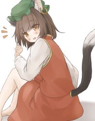 Rule 34 | 1girl, :o, animal ear fluff, animal ear piercing, animal ears, bare legs, barefoot, blush, brown eyes, brown hair, cat ears, cat tail, chen, clothing cutout, commentary request, earrings, eyes visible through hair, foot out of frame, gold trim, green hat, hand up, hat, highres, jewelry, keyakko, long sleeves, looking at viewer, looking back, mob cap, multiple tails, nekomata, notice lines, open mouth, red skirt, red vest, short hair, simple background, single earring, sitting, skirt, skirt set, solo, tail, tail through clothes, touhou, two tails, vest, white background