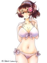 Rule 34 | 1girl, artist name, bikini, bow, bow bikini, breasts, brown eyes, brown hair, cleavage, flower, frilled bow, frills, girls und panzer, hair bow, hair flower, hair ornament, hand on own chest, koyama yuzu, large breasts, looking at viewer, navel, oekaki lemon, short ponytail, solo, swimsuit, twitter username, white background