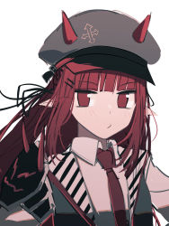 Rule 34 | 1girl, arknights, black ribbon, black vest, collared shirt, grey hat, hair ribbon, hat, highres, horns, horns through headwear, long hair, long sleeves, looking at viewer, necktie, pointy ears, red eyes, red hair, red necktie, ribbon, shirt, simple background, solo, tetuw, upper body, vest, vigna (arknights), white background, white shirt