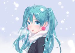Rule 34 | 1girl, absurdres, alternate costume, blue eyes, blue hair, border, earrings, expressionless, eyelashes, eyes visible through hair, hair between eyes, hatsune miku, highres, jewelry, long hair, looking at viewer, looking back, parted lips, san&#039;nomiya, scarf, snow, snowing, solo, twintails, upper body, very long hair, vocaloid, white scarf