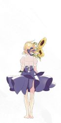 Rule 34 | 1girl, 87banana, ahoge, alternate costume, artoria pendragon (all), artoria pendragon (fate), barefoot, blonde hair, blue ribbon, braid, casual, clothes lift, corset, cross-laced clothes, dress, dress lift, facing away, fate/stay night, fate (series), floating hair, flower, french braid, from behind, hair ribbon, highres, holding, holding flower, puffy short sleeves, puffy sleeves, ribbed dress, ribbon, saber (fate), shirt, short sleeves, simple background, skirt, skirt lift, solo, standing, sunflower, walking, white background, white shirt, wind, wind lift