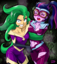 Rule 34 | 2girls, blush, breasts, colored skin, cosplay, green eyes, green hair, long hair, mane-iac, mane-iac (cosplay), multicolored hair, multiple girls, my little pony, my little pony: equestria girls, my little pony: friendship is magic, navel, personification, pink hair, ponytail, purple hair, purple skin, restrained, sci-twi, sunset shimmer, torn clothes, twilight sparkle, two-tone hair, uotapo, yellow skin