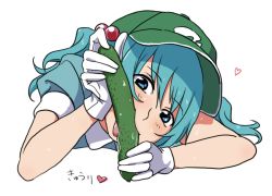 Rule 34 | 1girl, bad id, bad twitter id, blue eyes, blue hair, cucumber, gloves, hair bobbles, hair ornament, hat, heart, kawashiro nitori, licking, matching hair/eyes, puffy sleeves, sexually suggestive, short hair, short sleeves, simple background, solo, sweat, text focus, tongue, tongue out, touhou, toujou (toujou ramen), twintails, two side up, white background, white gloves