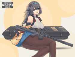 Rule 34 | 1girl, ass, bare shoulders, black hair, black pantyhose, blue eyes, blue skirt, breasts, case, character name, detached sleeves, girls&#039; frontline, gloves, gun, hair flaps, hair ornament, hairband, j adsen, long hair, looking at viewer, medium breasts, mixed-language commentary, mod3 (girls&#039; frontline), mole, mole under eye, open mouth, pantyhose, rifle, scope, skirt, sniper rifle, super sass, super sass (girls&#039; frontline), super sass (mod3) (girls&#039; frontline), suppressor, turtleneck, upskirt, weapon, weapon case