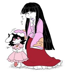 Rule 34 | 2girls, :3, animal ears, bent over, black hair, carrot necklace, commentary request, dress, closed eyes, floppy ears, furukawa (yomawari), headpat, houraisan kaguya, inaba tewi, japanese clothes, kimono, long hair, multiple girls, necklace, open mouth, pink dress, puffy short sleeves, puffy sleeves, rabbit ears, short sleeves, sketch, sleeves past wrists, squiggle, touhou, very long hair