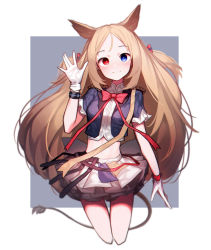 Rule 34 | 1girl, absurdres, animal ears, archetto (arknights), archetto (publicity strategy) (arknights), arknights, beudelb, black skirt, black wristband, blue background, blue jacket, border, bow, bowtie, brown hair, commentary, cowboy shot, cropped jacket, cropped legs, cropped shirt, epaulettes, gloves, hair bow, highres, infection monitor (arknights), jacket, korean commentary, light blush, lion ears, lion girl, lion tail, long hair, looking at viewer, midriff, official alternate costume, outside border, red bow, red bowtie, shirt, simple background, skirt, smile, solo, straight-on, tail, very long hair, waving, white border, white gloves, white shirt