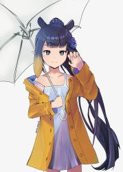 Rule 34 | 1girl, absurdres, blue eyes, blue flower, collarbone, dress, eyebrows hidden by hair, flower, hair flaps, hair flower, hair ornament, highres, holding, holding umbrella, hololive, hololive english, jacket, long hair, mole, mole under eye, namishiron, ninomae ina&#039;nis, off shoulder, open hand, ponytail, smile, solo, transparent, transparent umbrella, umbrella, violet (ninomae ina&#039;nis), virtual youtuber, white background, white dress, yellow jacket