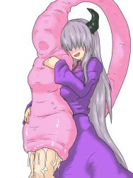 Rule 34 | 2girls, blush, clothed female nude female, demon, female focus, grey hair, horns, kaname (artist), long hair, multiple girls, nude, open mouth, simple background, slime, smile, tail, tail vore, very long hair, vore, white background