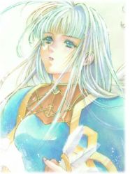 Rule 34 | 1girl, armor, armored dress, artist request, blue armor, breasts, helmet, lenneth valkyrie, long hair, solo, valkyrie, valkyrie profile (series), winged helmet