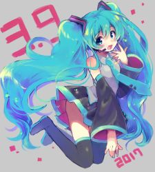 Rule 34 | 1girl, 39, 2017, aqua eyes, aqua hair, bad id, bad pixiv id, black footwear, black thighhighs, boots, dated, detached sleeves, grey background, hatsune miku, headset, kabosudachin, long hair, nail polish, necktie, open mouth, skirt, solo, thigh boots, thighhighs, twintails, very long hair, vocaloid