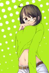 Rule 34 | 10s, 1girl, ahoge, belt, breasts, brown eyes, brown hair, denim, glasses, green background, hand on own chest, jeans, kana ria, long sleeves, looking away, midriff, navel, pants, polka dot, polka dot background, servant x service, shirt, short hair, solo, yamagami lucy