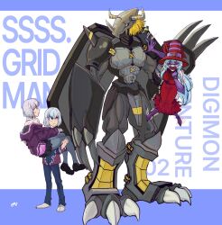 Rule 34 | archnemon, armor, blackwargreymon, claws, digimon, digimon (creature), gridman universe, hat, highres, long hair, looking at another, muscular, muscular male, ssss.gridman