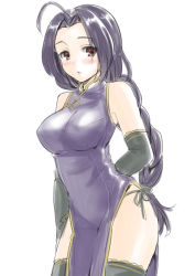 Rule 34 | 1girl, ahoge, alternate hairstyle, arm behind back, bare shoulders, black thighhighs, blue hair, blush, braid, breasts, china dress, chinese clothes, courreges ace, dress, elbow gloves, face, gloves, idolmaster, idolmaster (classic), large breasts, long hair, miura azusa, panties, ponytail, red eyes, side-tie panties, side slit, simple background, single braid, solo, thighhighs, thighs, underwear