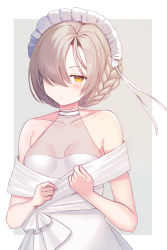 Rule 34 | 1girl, :o, azur lane, bare shoulders, beige background, blonde hair, blush, braid, breasts, chestnut mouth, choker, cleavage, collarbone, commentary request, dress, hair over one eye, half-closed eyes, highres, maid headdress, nannann, parted lips, see-through, sheffield (azur lane), short hair, simple background, sleeveless, sleeveless dress, small breasts, solo, standing, two-tone background, upper body, white background, white dress, yellow eyes