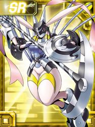 Rule 34 | 1girl, animal ears, arm guards, armor, blade, boots, breastplate, breasts, card, crescemon, crescent, digimon, digimon (creature), digimon collectors, female focus, gauntlets, helmet, hip focus, horns, jumping, large breasts, leg lift, lowres, monster girl, official art, pink eyes, rabbit ears, red eyes, ribbon, scythe, shield, shoulder pads, solo, spikes, staff, tattoo, thick thighs, thighs, wide hips