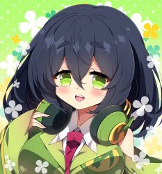 Rule 34 | 1girl, absurdres, bare shoulders, black hair, blush, breasts, collared shirt, commentary request, floral background, green background, green eyes, green jacket, hair between eyes, hand up, headphones, headphones around neck, highres, jacket, kyoumachi seika, large breasts, long sleeves, looking at viewer, milkpanda, necktie, polka dot, polka dot background, red necktie, shirt, short eyebrows, sleeveless, sleeveless jacket, sleeves past wrists, solo, thick eyebrows, upper body, voiceroid, white shirt, wide sleeves