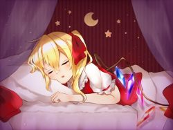 Rule 34 | 1girl, ahoge, bad id, bad pixiv id, blonde hair, blush, crescent moon symbol, curled fingers, curtains, facing viewer, flandre scarlet, hair between eyes, hair ribbon, lying, no headwear, on bed, on stomach, parted lips, pillow, puffy short sleeves, puffy sleeves, red vest, ribbon, seiru (seil 8), short hair, short sleeves, side ponytail, sleeping, solo, star (symbol), striped, striped background, touhou, under covers, vest, wings