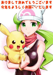 Rule 34 | 1girl, breasts, cosplay, creatures (company), dawn (pokemon), dawn (pokemon) (cosplay), game freak, gen 1 pokemon, green hair, hat, highres, holding, holding pokemon, ihara shigekatsu, japanese text, long hair, looking at viewer, mitsumi (pokemon), nintendo, pikachu, pokemon, pokemon (creature), pokemon dp (manga), ponytail, solo, tagme, thick thighs, thighs, translation request, wide hips