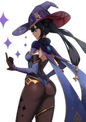Rule 34 | 1girl, absurdres, ass, black hair, black pantyhose, blue eyes, breasts, cape, cero (last2stage), diamond (shape), earrings, elbow gloves, from behind, fur trim, genshin impact, gloves, hair ornament, hat, highres, hydro (genshin impact), index finger raised, jewelry, leotard, long hair, medium breasts, mona (genshin impact), open mouth, pantyhose, purple leotard, simple background, solo, thighlet, twintails, vision (genshin impact), white background, witch hat