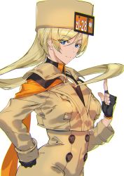Rule 34 | 1girl, ashiomi masato, blonde hair, blue eyes, breasts, closed mouth, fingerless gloves, fur hat, gloves, guilty gear, guilty gear strive, hat, long hair, looking at viewer, millia rage, prehensile hair, simple background, smile, solo, very long hair, white background