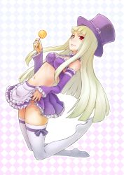 Rule 34 | 1girl, bra, candy, capcom fighting jam, commentary request, detached sleeves, food, hat, highres, ingrid (capcom), kuro ari (pixiv), lace, lace-trimmed bra, lace-trimmed skirt, lace-trimmed sleeves, lace trim, lollipop, midnight bliss, no shoes, red eyes, ribbon-trimmed thighhighs, ribbon trim, skirt, solo, swirl lollipop, thighhighs, top hat, underwear, white hair, white thighhighs