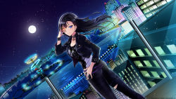 Rule 34 | 1girl, black hair, black jacket, black pants, black shirt, blue eyes, breasts, chuunibyou, denim, dolphin wave, dutch angle, feet out of frame, from behind, full moon, game cg, glowing, glowing eye, hand over eye, heterochromia, highres, jacket, jeans, kurose minami, large breasts, leather, leather jacket, long hair, looking at viewer, moon, night, official art, pants, shirt, solo, torn clothes, torn jeans, torn pants