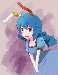 Rule 34 | 1girl, animal ears, blue dress, blue hair, commentary request, cowboy shot, dress, earclip, highres, long hair, looking at viewer, open mouth, puffy short sleeves, puffy sleeves, rabbit ears, red eyes, seiran (touhou), short sleeves, smile, solo, touhou, yan pai