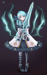 Rule 34 | 1girl, blue eyes, blue hair, close-up, drill hair, gloves, gwen (league of legends), high heels, highres, league of legends, lipstick, long hair, looking to the side, makeup, matching hair/eyes, open mouth, ribbon, scissors, solo, star-shaped pupils, star (symbol), symbol-shaped pupils, thighhighs
