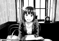 Rule 34 | 1girl, :d, bag, blush, chair, clock, collarbone, greyscale, jewelry, looking at viewer, monochrome, necklace, open mouth, original, short hair, sitting, smile, solo, tamaru tokihiko, window