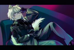 Rule 34 | 1boy, adjusting eyewear, animal ears, aosta (arknights), aosta (light gun adjuster) (arknights), arknights, bandolier, bespectacled, black coat, black gloves, black pants, coat, couch, feet out of frame, frown, glasses, gloves, gradient background, highres, ieiieiiei, knee up, letterboxed, looking at viewer, lying, male focus, official alternate costume, on back, pants, pink background, purple background, short hair, sidelocks, solo, tail, white hair, wolf boy, wolf ears, wolf tail