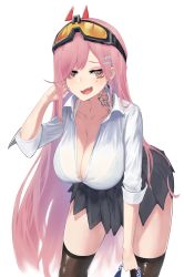 Rule 34 | 1girl, absurdres, bag, black skirt, black thighhighs, blush, bra, bra strap, bra visible through clothes, breasts, brown eyes, cleavage, collarbone, earrings, eyewear on head, feet out of frame, girls&#039; frontline, hand in own hair, highres, holding, holding bag, huge filesize, jewelry, kimi (hearty yuuki), large breasts, long hair, looking at viewer, mole, mole under eye, neck tattoo, open mouth, pink hair, shirt, sig mcx (girls&#039; frontline), skirt, solo, standing, tattoo, thighhighs, underwear, white background, white bra, white shirt