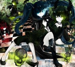 Rule 34 | 10s, 4girls, ;q, bikini, bikini top only, black devil girl, black gold saw, black hair, black rock shooter, black rock shooter (character), blue eyes, boots, chain, coat, dead master, glasses, glowing, glowing eyes, green eyes, highres, horns, juexing (moemoe3345), katana, king saw, long hair, multiple girls, one eye closed, pale skin, red eyes, scar, shorts, skull, smile, star (symbol), swimsuit, sword, tongue, tongue out, twintails, weapon, wink