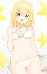 Rule 34 | 1girl, :d, bad id, bad pixiv id, bare arms, bare shoulders, bikini, blonde hair, breasts, cleavage, collarbone, cowboy shot, gluteal fold, green eyes, halterneck, halterneck, hand up, long hair, looking at viewer, medium breasts, multicolored hair, nail polish, navel, nerisan, open mouth, original, side-tie bikini bottom, smile, solo, standing, star (symbol), stomach, streaked hair, swimsuit, symbol-shaped pupils, thigh gap, thighs, white bikini