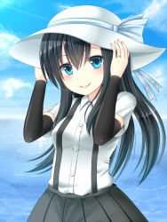Rule 34 | 10s, 1girl, arm warmers, asashio (kancolle), black hair, blouse, blue eyes, blue sky, breasts, cloud, collared shirt, day, dress shirt, hair between eyes, hanazome dotera, hands on headwear, hat, jewelry, kantai collection, long hair, looking at viewer, ocean, outdoors, pleated skirt, ring, school uniform, shirt, short sleeves, skirt, sky, small breasts, smile, solo, sun hat, suspenders, water, wedding band, wedding ring, white hat, white shirt
