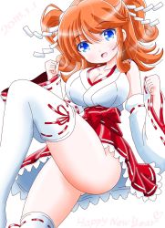 Rule 34 | 1girl, bottomless, bow, breasts, cleavage, dancing, detached sleeves, girlfriend (kari), hair ornament, highres, imai kazunari, large breasts, nontraditional miko, open mouth, orange hair, red bow, ribbon, sagara emi, skirt, smile, thighhighs, twintails, white ribbon, white thighhighs